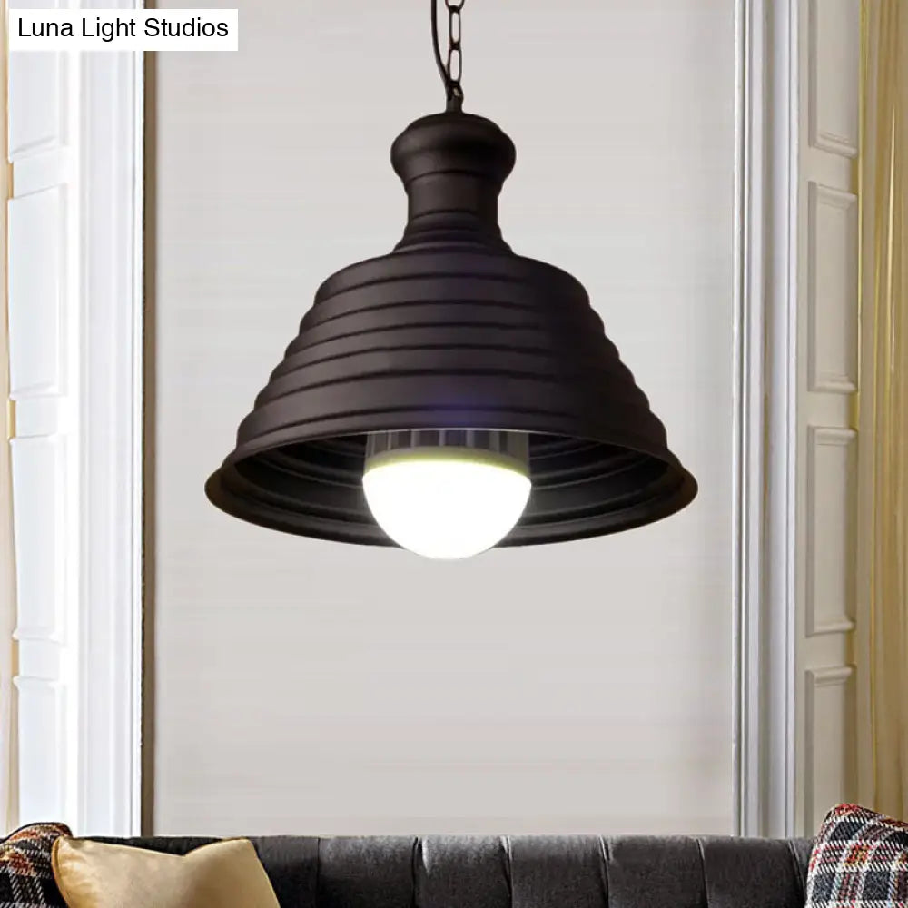 Industrial Metal 1-Light Bell Hanging Pendant Lamp With Ribbed Design & Bronze Finish - Ideal For