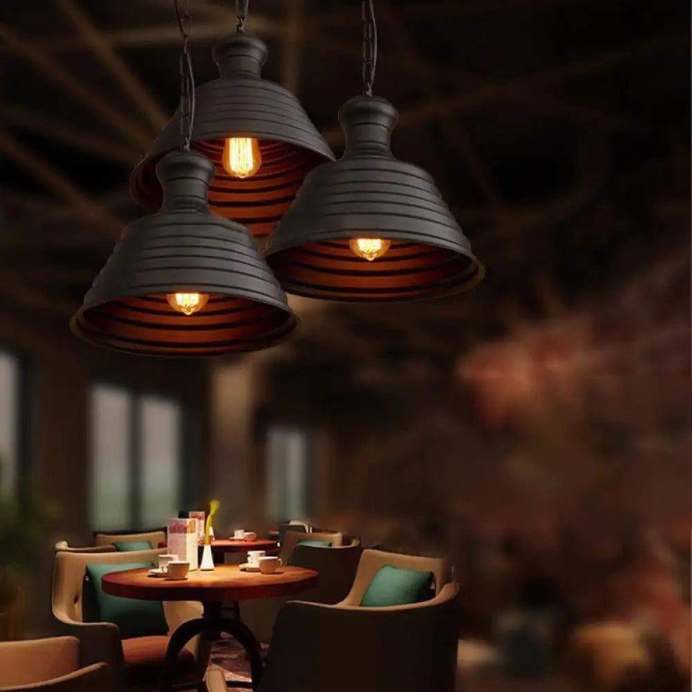 Industrial Metal 1-Light Bell Hanging Pendant Lamp With Ribbed Design & Bronze Finish - Ideal For