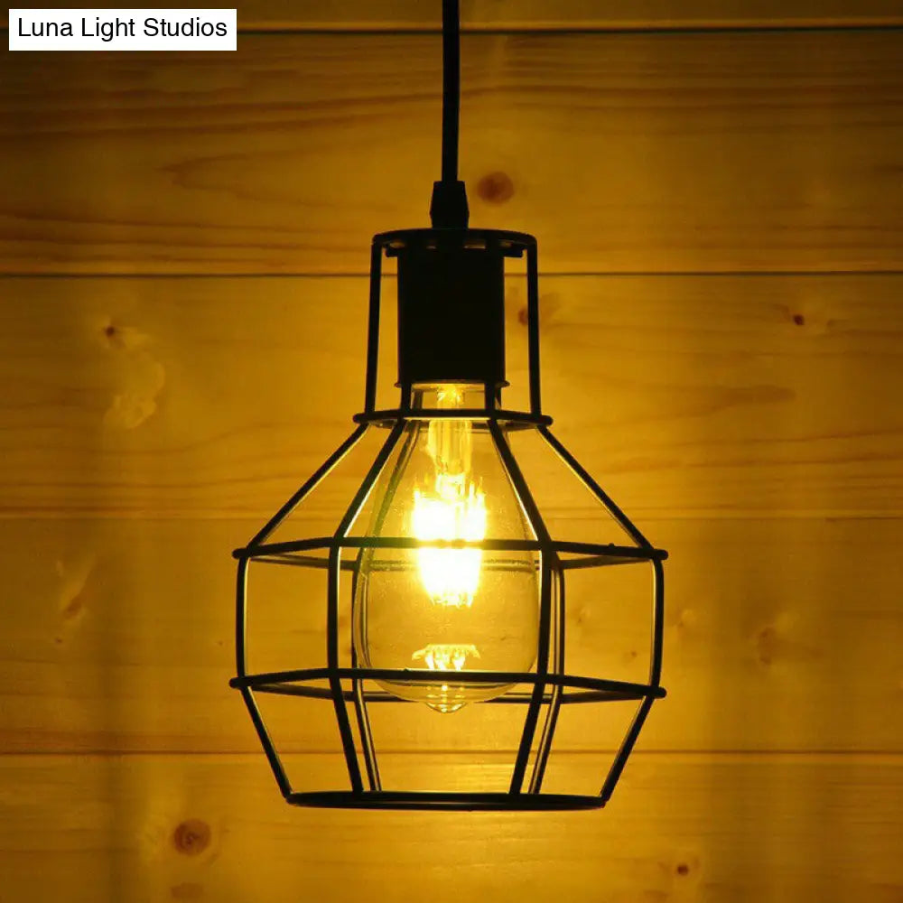 Industrial Metal Wire Cage Bedside Pendant Light - Black Hanging Lamp Kit / A