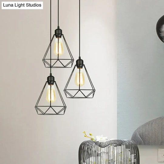 Industrial Metal Wire Cage Bedside Pendant Light - Black Hanging Lamp Kit / B