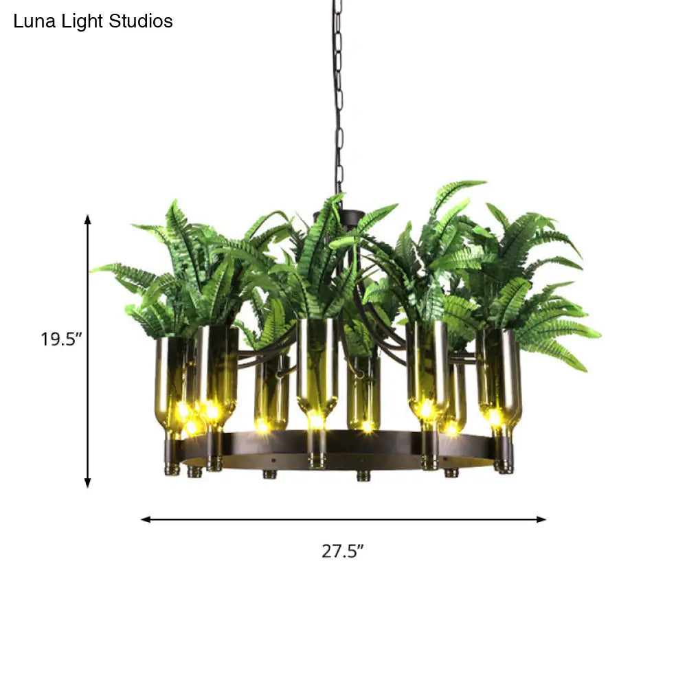 Industrial Metal 10-Head Green Chandelier With Plant Deco - Round Restaurant Ceiling Lamp