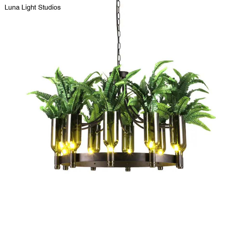 Industrial Metal 10-Head Green Chandelier With Plant Deco - Round Restaurant Ceiling Lamp