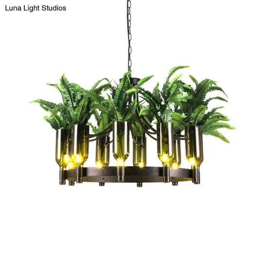 Industrial Metal 10-Head Green Chandelier With Plant Deco - Round Restaurant Ceiling Lamp