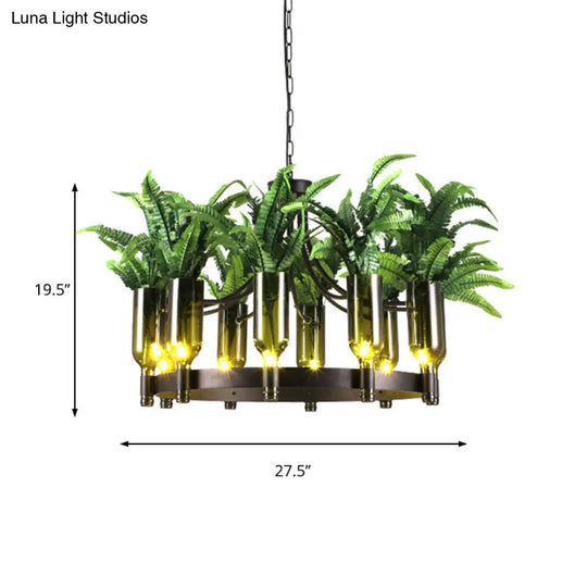 Industrial Metal 10-Head Green Chandelier Ceiling Lamp With Plant Décor For Restaurants