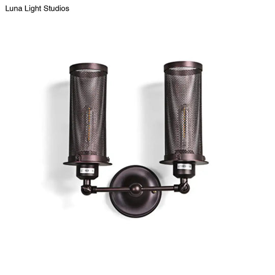 Industrial Metal 2-Light Black Cylinder Wall Sconce With Cage And Round Backplate For Bedroom