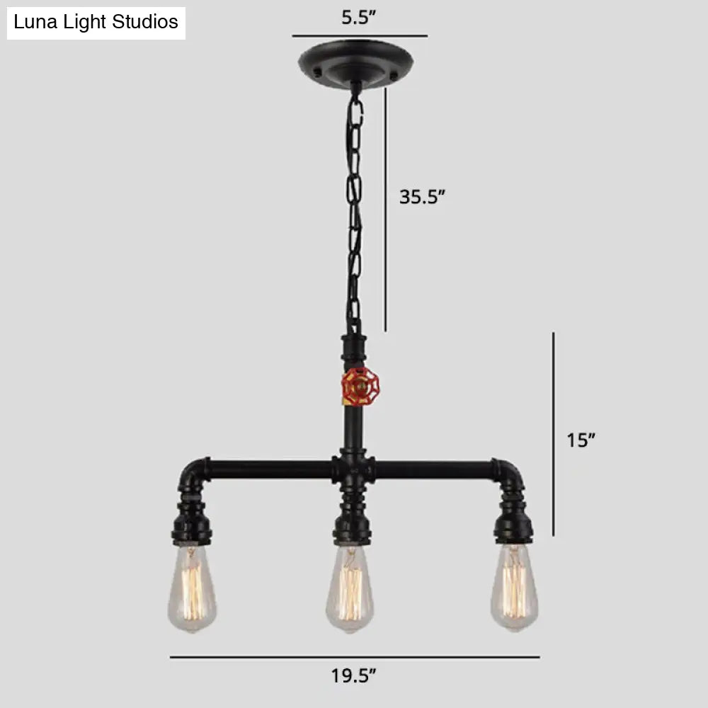 Industrial Metal 3-Head Hanging Light With Red Valve Decor - Water Pipe Restaurant Island Lamp