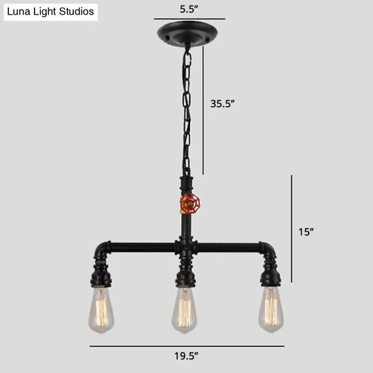 Industrial Metal 3-Head Hanging Light With Red Valve Decor - Water Pipe Restaurant Island Lamp