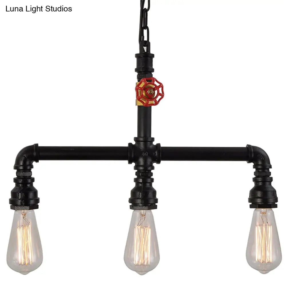 Industrial Metal 3-Head Hanging Light With Red Valve Decor - Water Pipe Restaurant Island Lamp