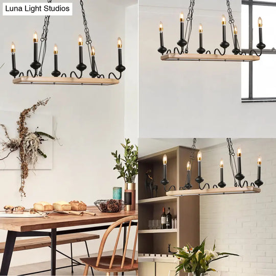 Industrial Metal 6-Bulb Indoor Island Pendant Light With Wooden Canopy - Black Finish