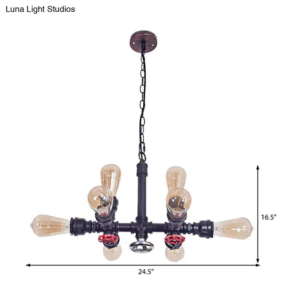 Industrial Metal 8-Light Black Water Pipe Chandelier - Living Room Hanging Light With Valve