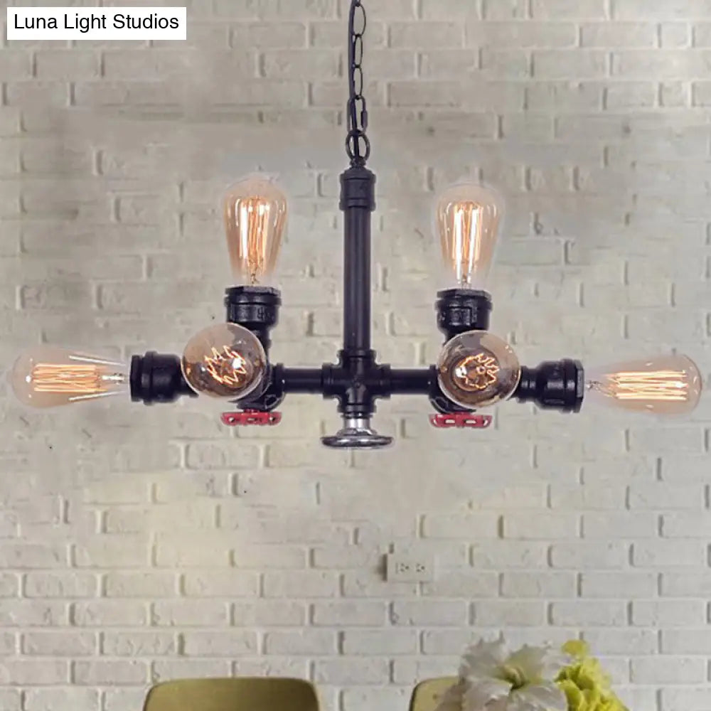 Industrial Metal 8-Light Black Water Pipe Chandelier - Living Room Hanging Light With Valve