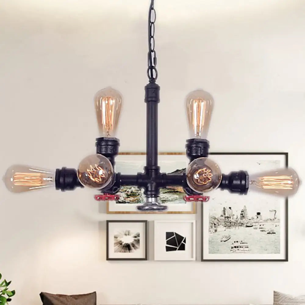 Industrial Metal 8-Light Black Water Pipe Chandelier - Living Room Hanging Light With Valve