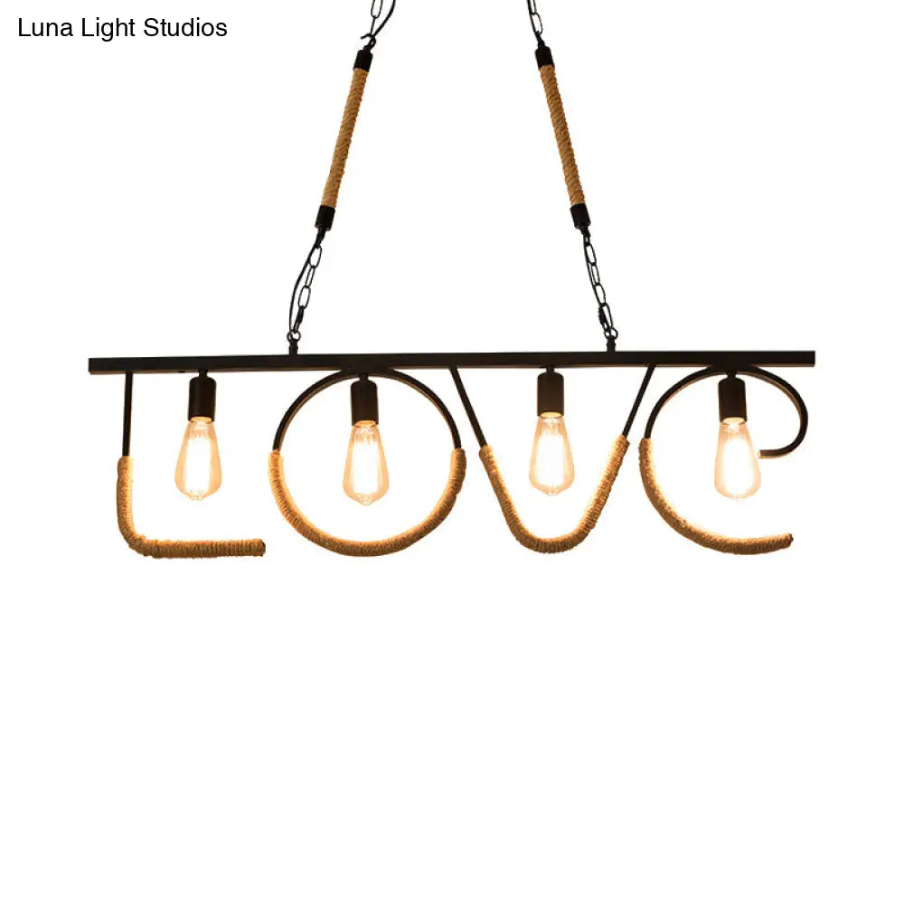 Industrial Metal And Rope Island Lamp With Love Design 4 Bulbs Beige Finish