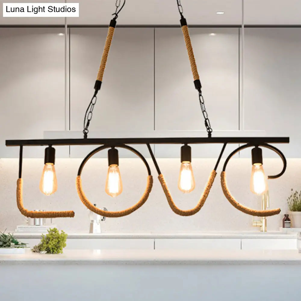 Industrial Metal And Rope Island Lamp With Love Design 4 Bulbs Beige Finish