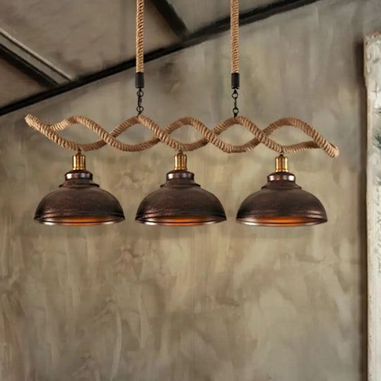 Industrial Metal And Rope Pendant Light - Rustic Kitchen Island Lamp Kit With 3 Lights Rust