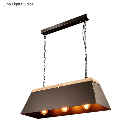 Industrial Metal And Wood Pendant Lamp - 3 Lights Island Lighting With Trapezoid Shade In Black For