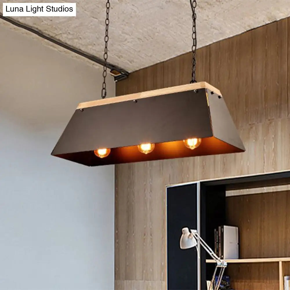 Industrial Metal And Wood Pendant Lamp - 3 Lights Island Lighting With Trapezoid Shade In Black For