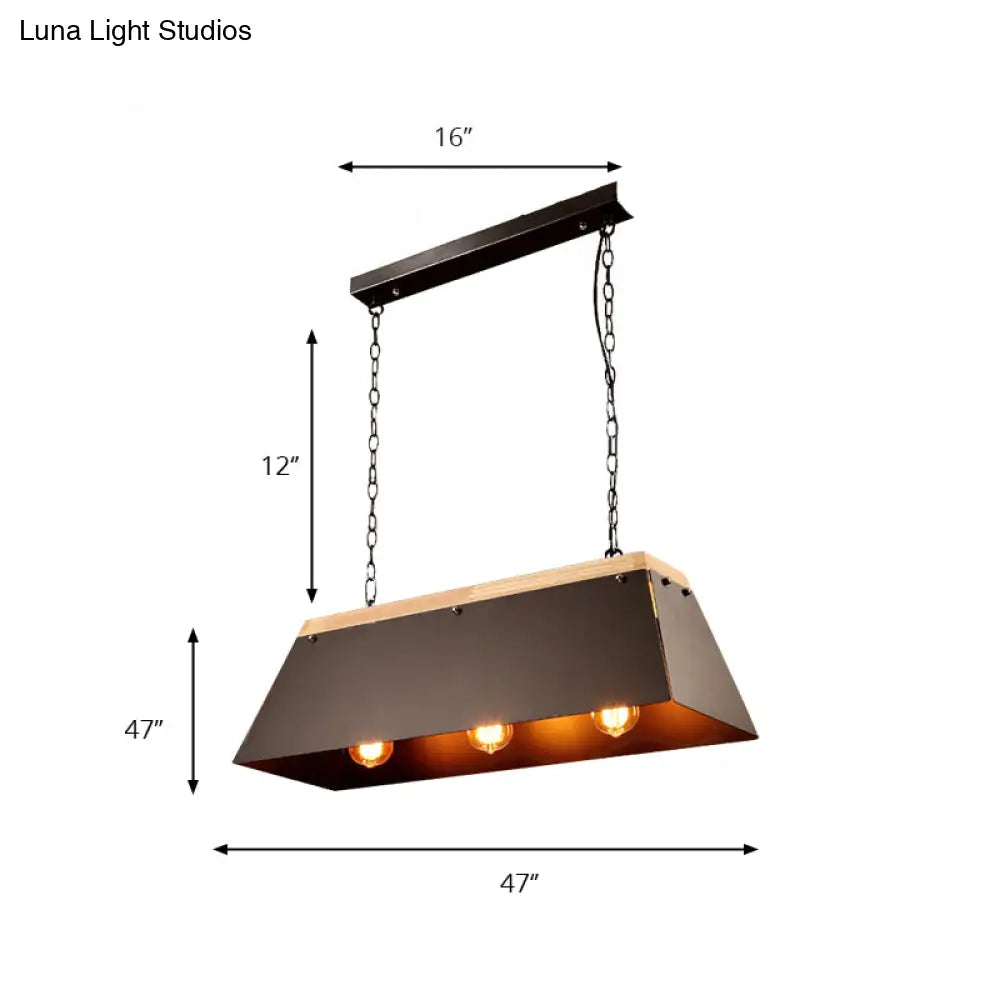 Industrial Metal And Wood Pendant Lamp - 3 Lights Island Lighting With Trapezoid Shade In Black For