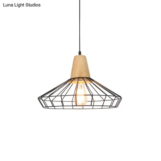 Industrial Metal And Wood Pendant Light With Cage Shade In Black - Saucer/Polygon/Diamond Shape