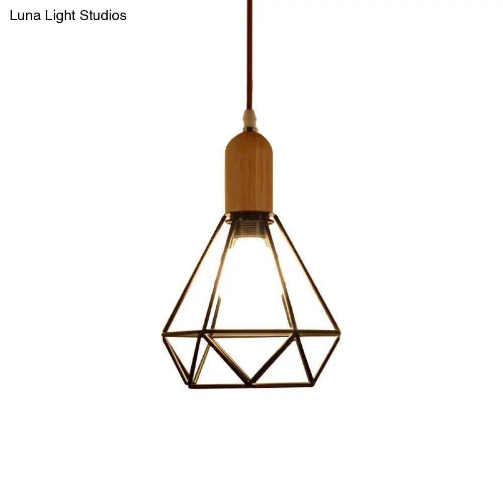 Black Metal & Wood Pendant Light Fixture - Industrial Style