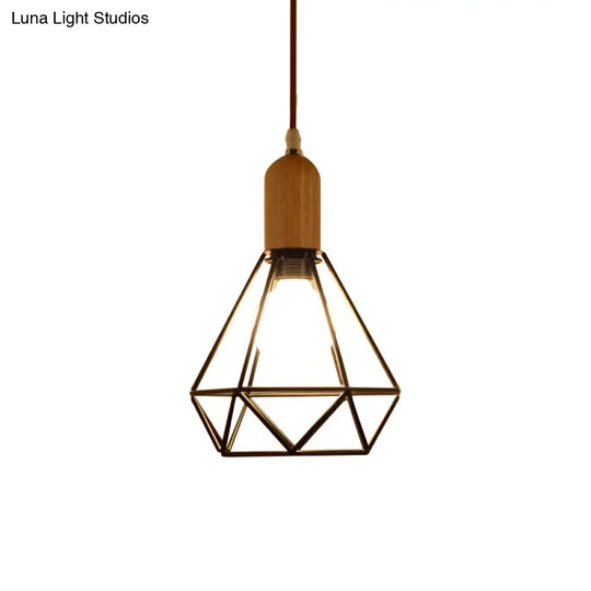 Industrial Metal And Wood Pendant Light With Cage Shade In Black - Saucer/Polygon/Diamond Shape