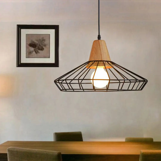 Industrial Metal And Wood Pendant Light With Cage Shade In Black - Saucer/Polygon/Diamond Shape /