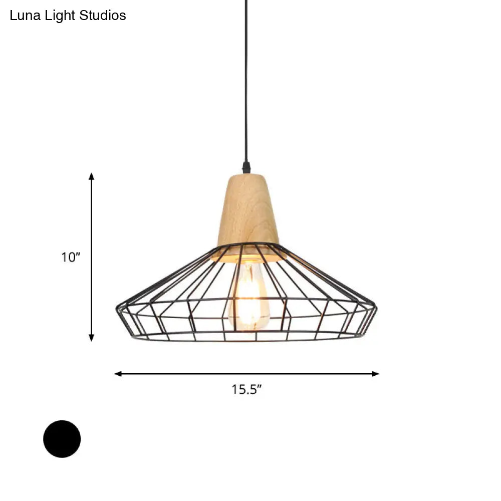 Black Metal & Wood Pendant Light Fixture - Industrial Style