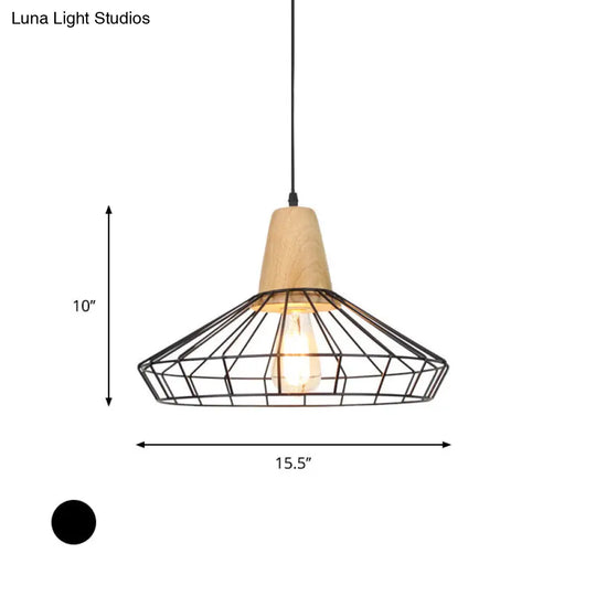 Black Metal & Wood Pendant Light Fixture - Industrial Style