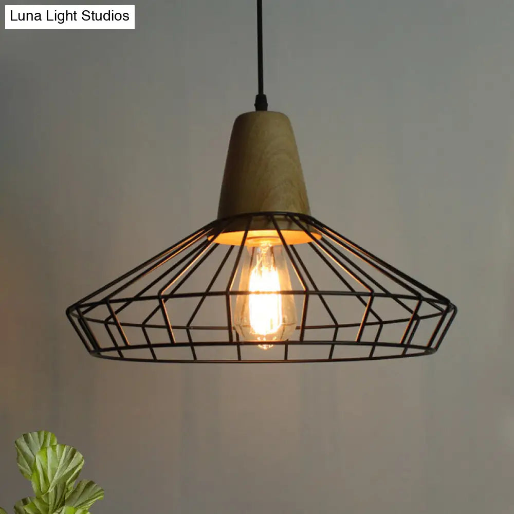 Black Metal & Wood Pendant Light Fixture - Industrial Style