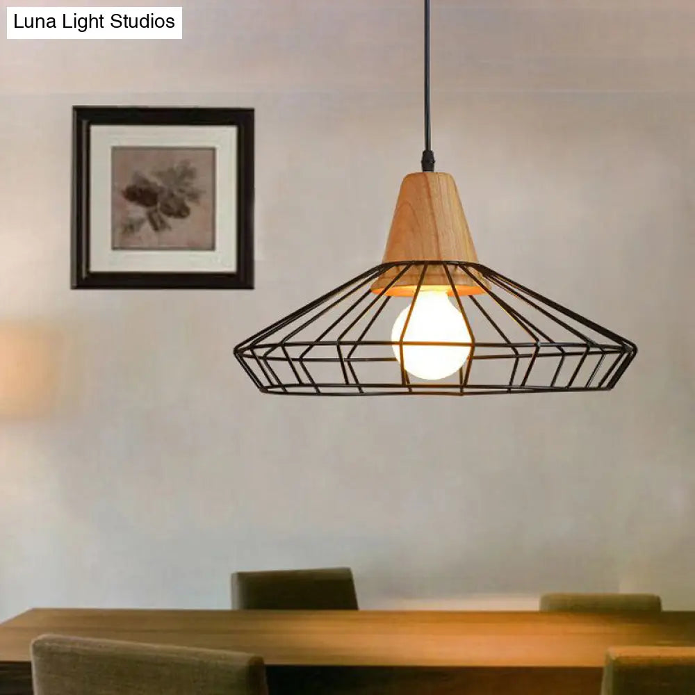 Black Metal & Wood Pendant Light Fixture - Industrial Style / Saucer