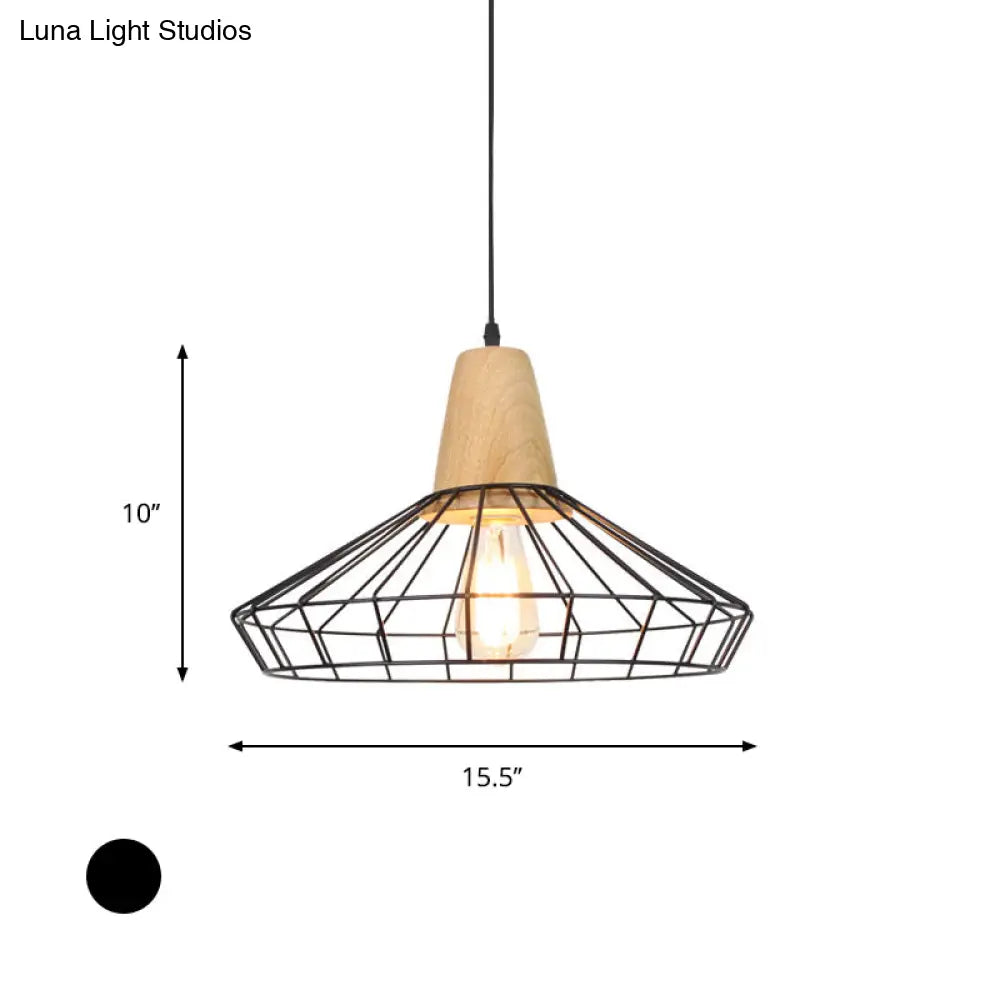 Industrial Metal And Wood Pendant Light With Cage Shade In Black - Saucer/Polygon/Diamond Shape