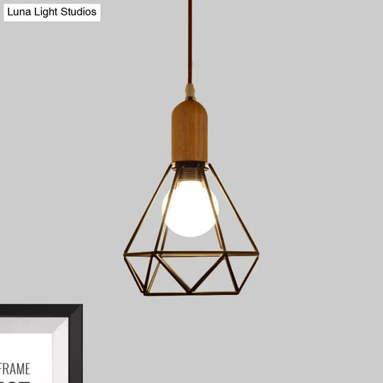 Industrial Metal And Wood Pendant Light With Cage Shade In Black - Saucer/Polygon/Diamond Shape