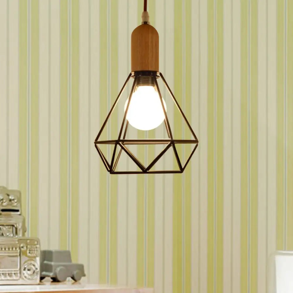 Industrial Metal And Wood Pendant Light With Cage Shade In Black - Saucer/Polygon/Diamond Shape /