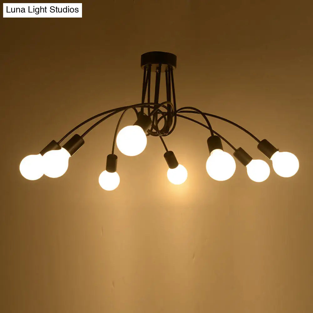 Industrial Metal Arched Semi-Flush Ceiling Light: 8-Bulb Restaurant Flush Mount Fixture In Black