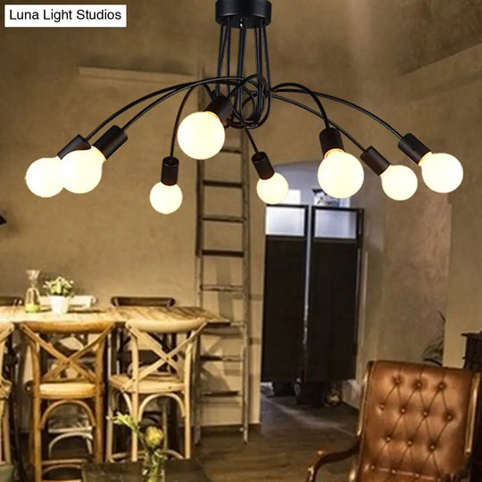 Industrial Metal Arched Semi-Flush Ceiling Light: 8-Bulb Restaurant Flush Mount Fixture In Black