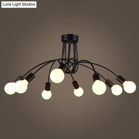 Industrial Metal Arched Semi-Flush Ceiling Light: 8-Bulb Restaurant Flush Mount Fixture In Black