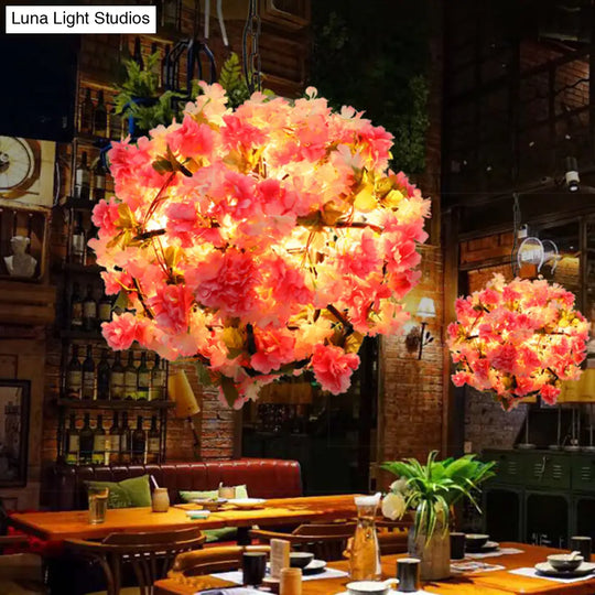 Industrial Metal Pink Led Chandelier With Cherry Blossom Detail - Ball Restaurant Light