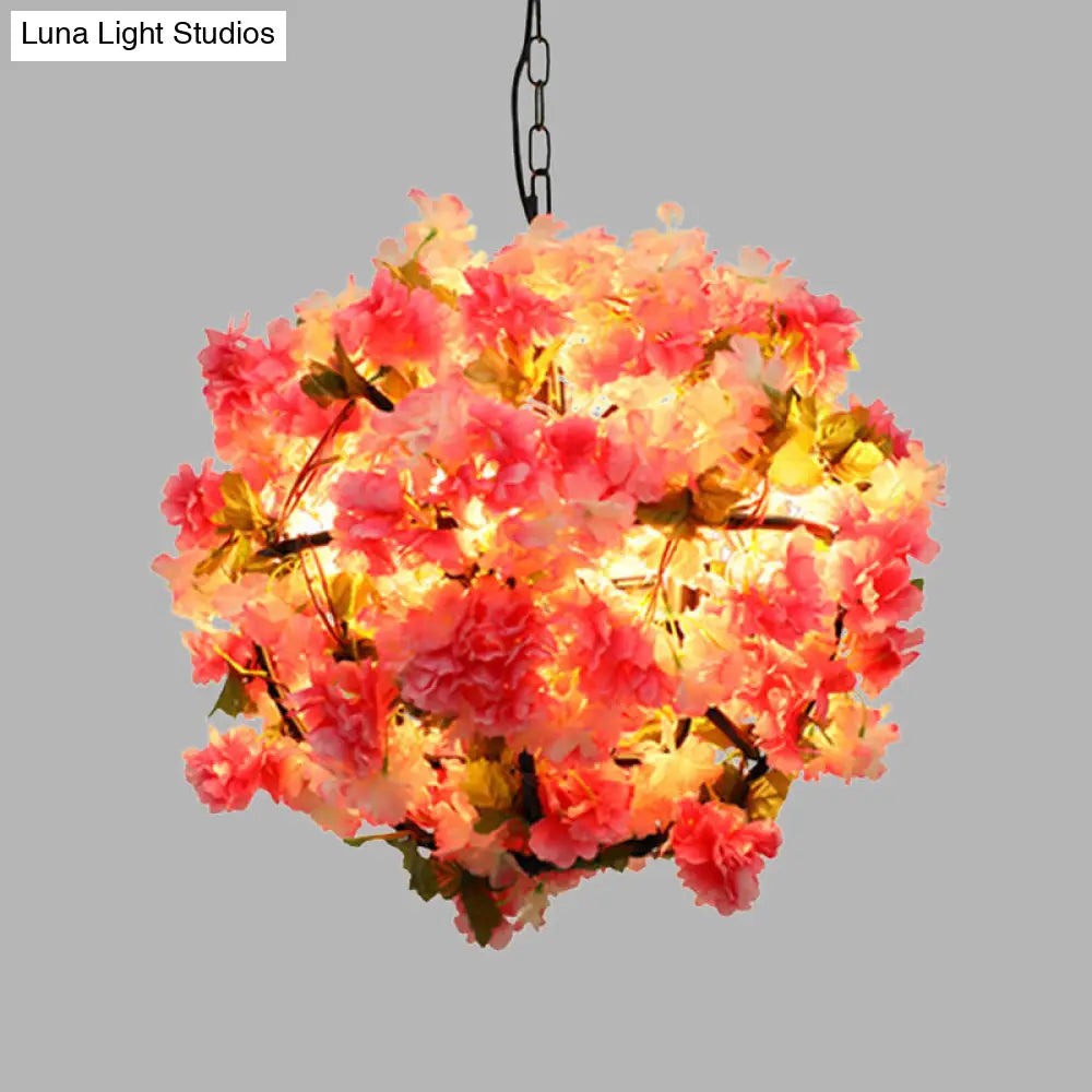 Industrial Metal Pink Led Chandelier With Cherry Blossom Detail - Ball Restaurant Light