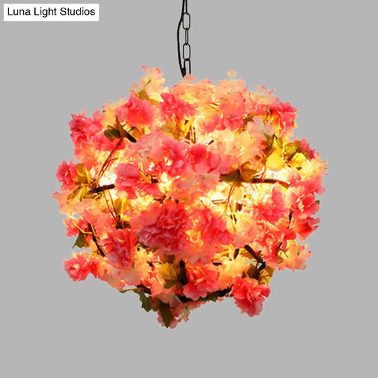 Industrial Metal Pink Led Chandelier With Cherry Blossom Detail - Ball Restaurant Light