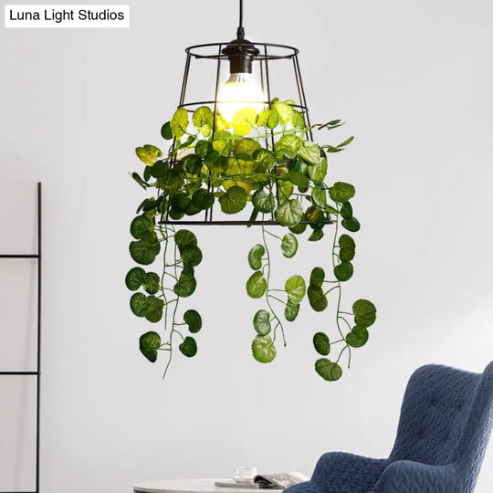 Industrial Metal Barrel Drop Lamp: Black Led Hanging Light Fixture With Plant Perfect For