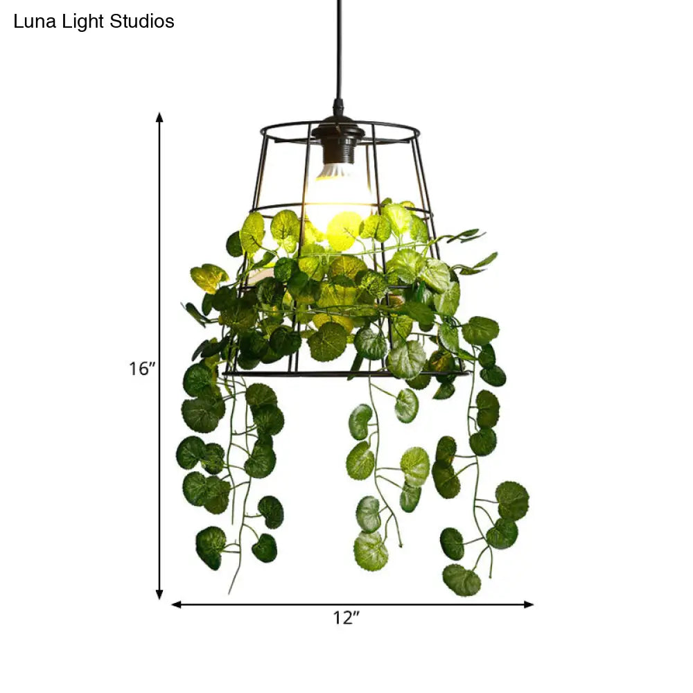 Industrial Metal Barrel Drop Lamp: Black Led Hanging Light Fixture With Plant Perfect For