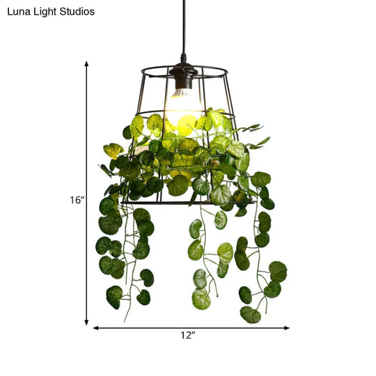 Industrial Metal Barrel Drop Lamp With Black Led Hanging Light Fixture And Plant Accent