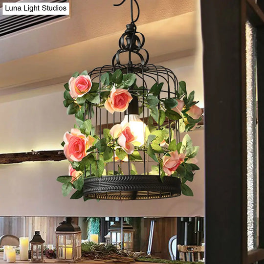 Industrial Metal Birdcage Led Pendant Lamp – Black One Bulb With Flower Decoration