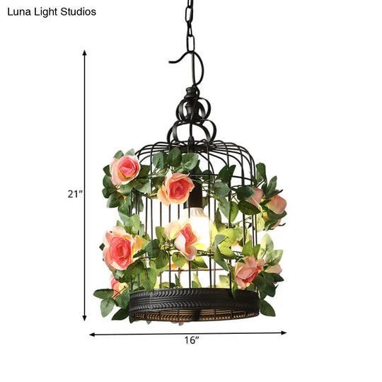 Industrial Metal Birdcage Led Pendant Lamp - Black With Flower Decoration