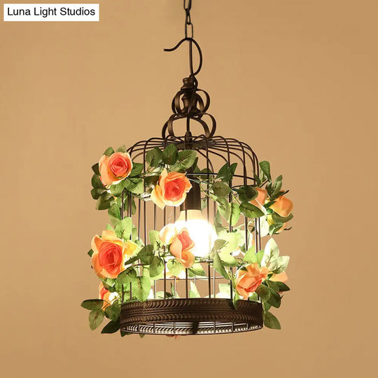 Industrial Metal Birdcage Led Pendant Lamp - Black With Flower Decoration