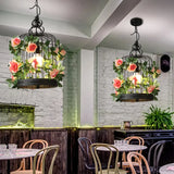 Industrial Metal Birdcage Led Pendant Lamp – Black One Bulb With Flower Decoration