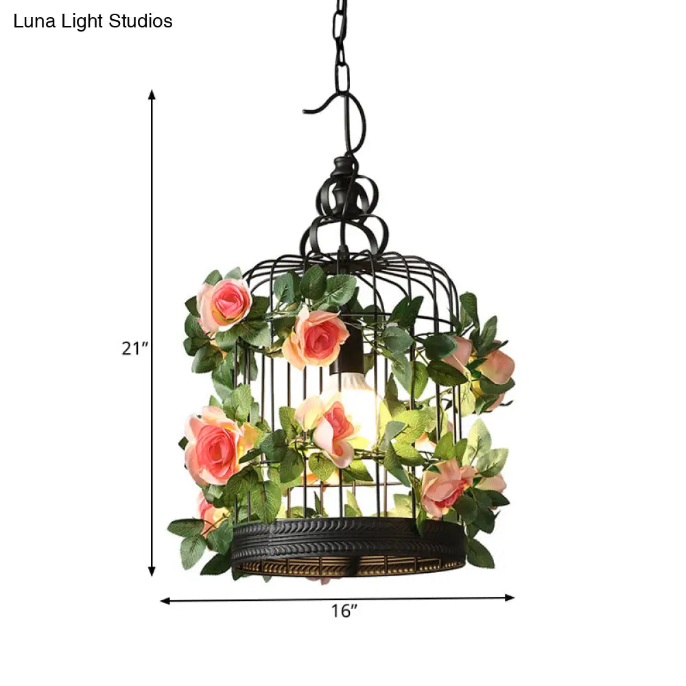 Industrial Metal Birdcage Led Pendant Lamp – Black One Bulb With Flower Decoration