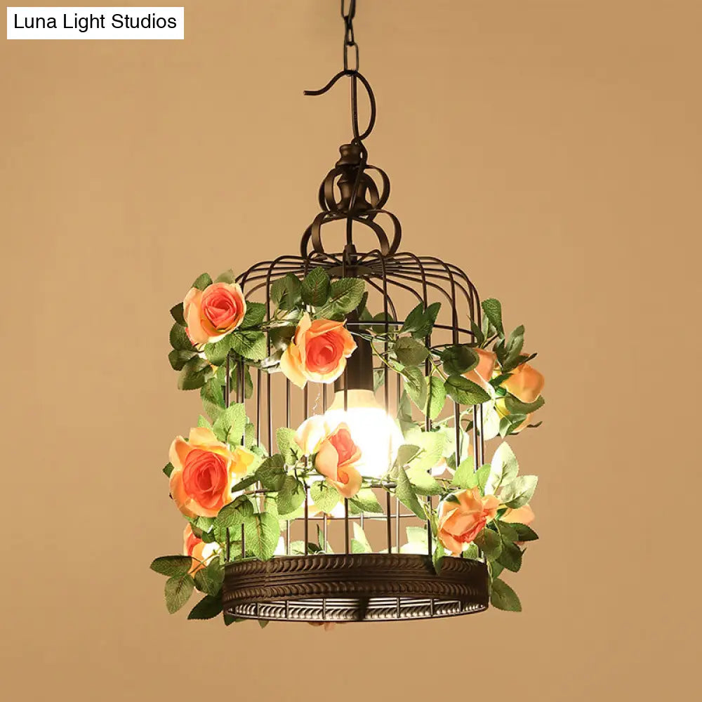 Industrial Metal Birdcage Led Pendant Lamp – Black One Bulb With Flower Decoration