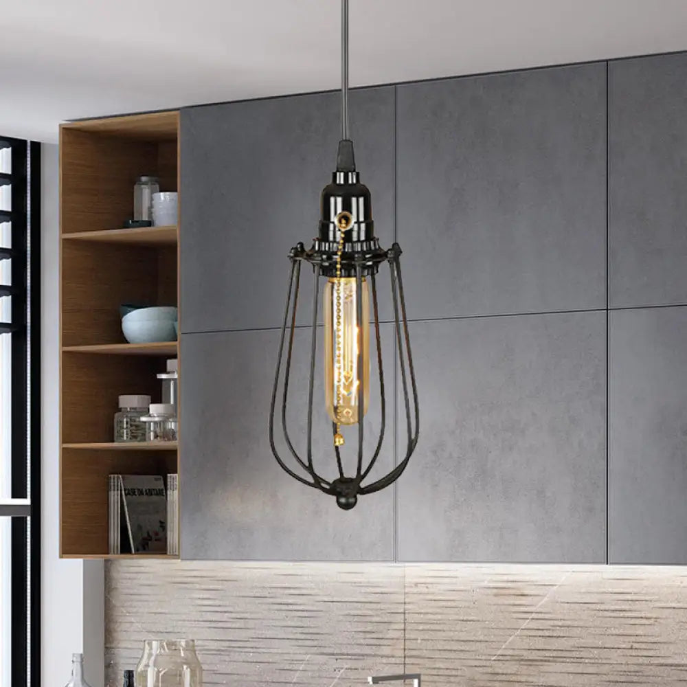 Industrial Metal Black Bulb Pendant Light With Height Adjustment And Wire Guard / 4’