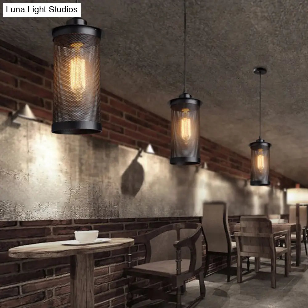 Black Metal Mesh Hanging Lantern Pendant Light - Industrial Style For Cafes